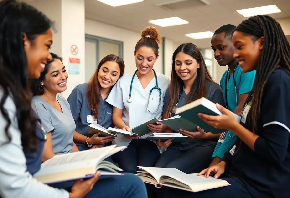 Diverse nursing students studying together in a community college.