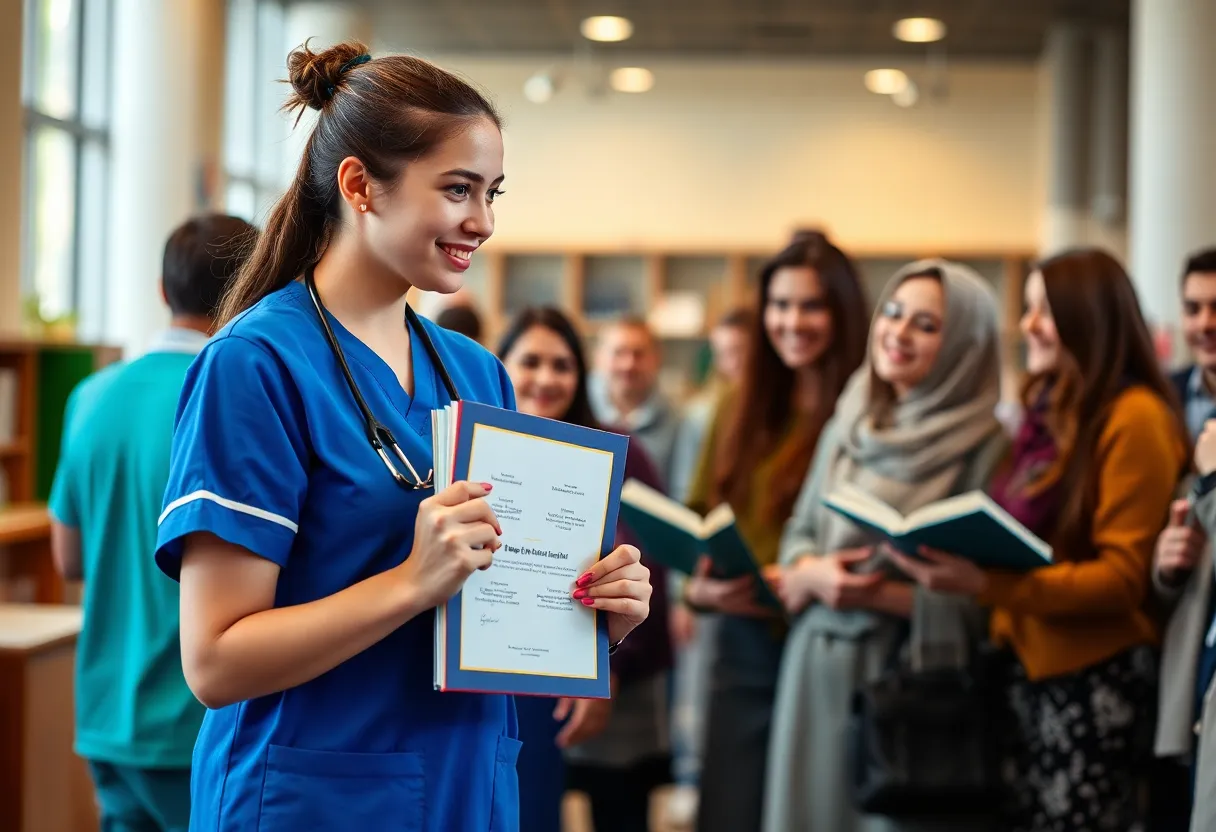 A nursing student at an award ceremony holding a certificate