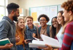 Group of enthusiastic high school students celebrating academic achievements