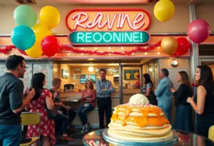 Celebration at the Original Pantry Café with balloons and a pancake-shaped cake.