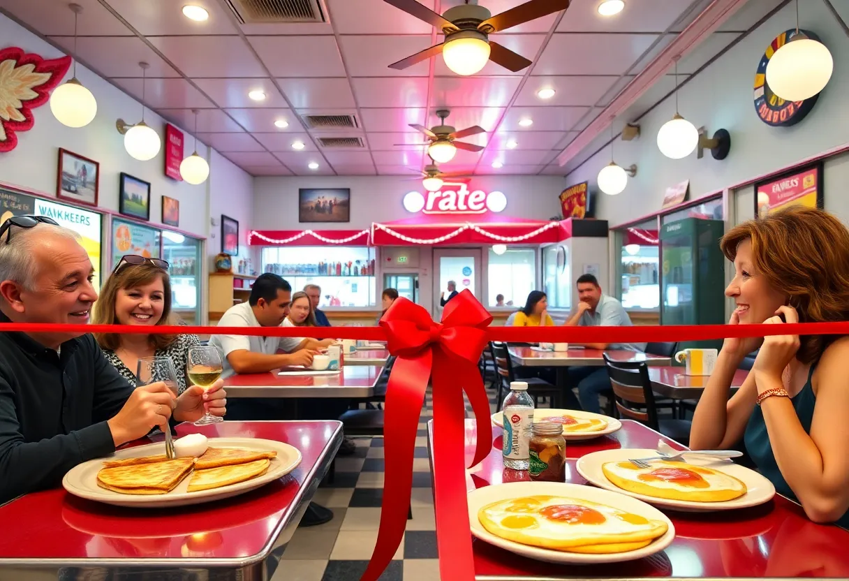Crowd gathering at Original Pantry Cafe reopening with festive decorations and food