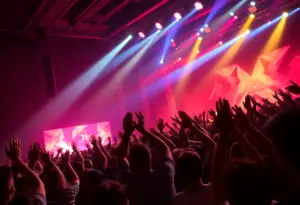 Vibrant concert atmosphere filled with fans and a lively stage.