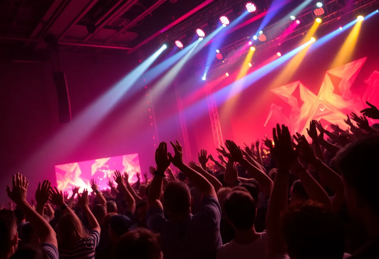 Vibrant concert atmosphere filled with fans and a lively stage.