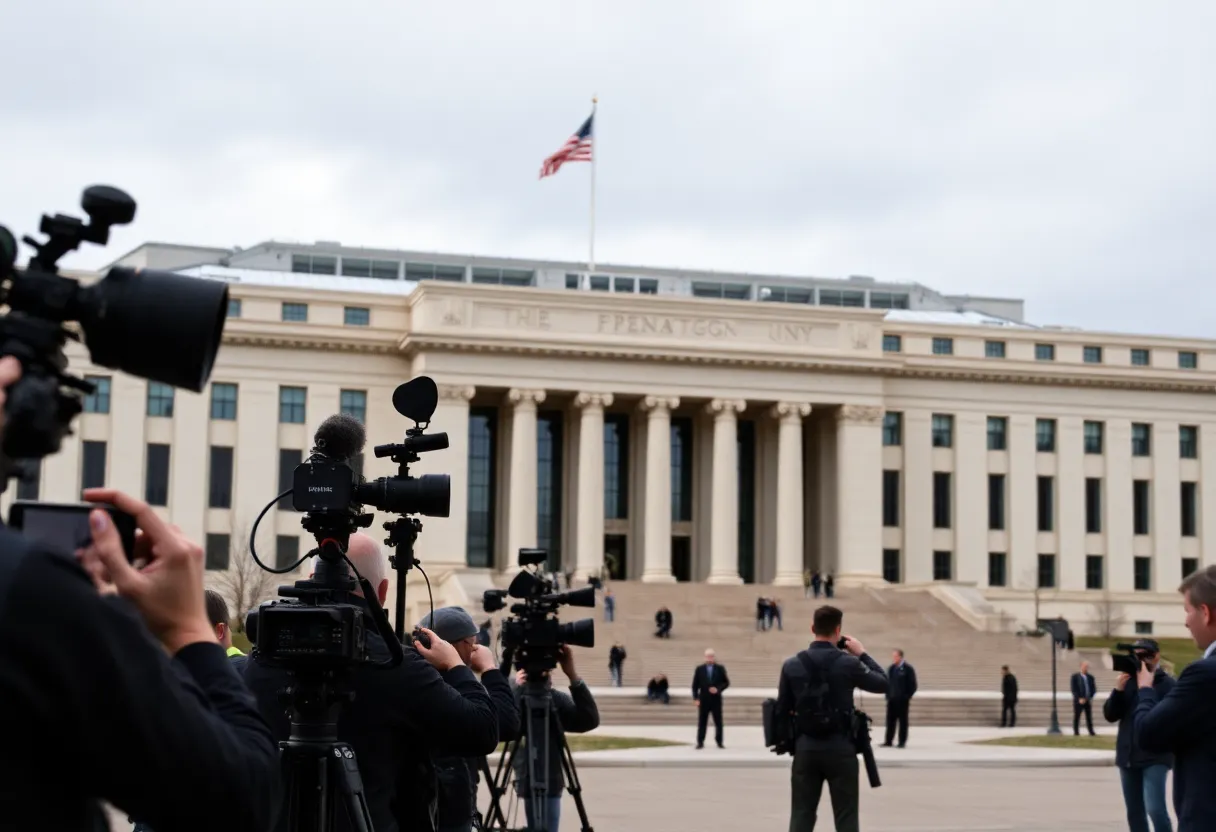 Journalists outside Pentagon building