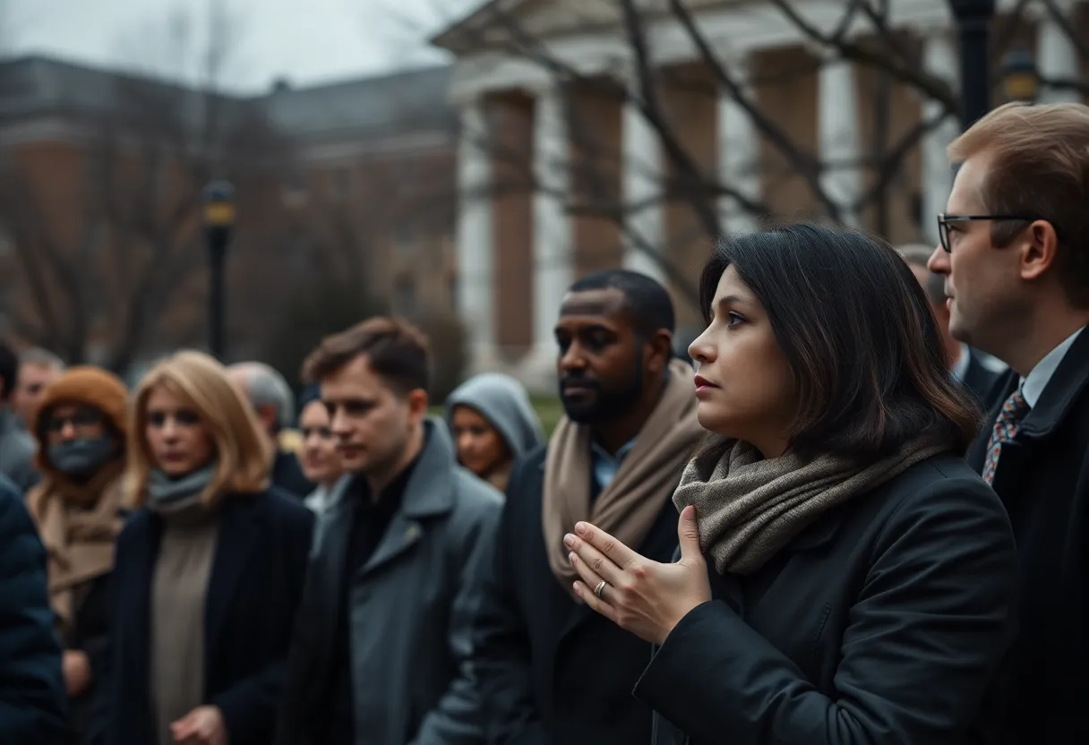 A somber representation of political discourse and tension in America at a university location.