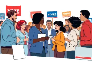 Illustration showing engaged voters discussing a political campaign.