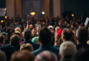 Crowd at a political public speaking event with tense atmosphere