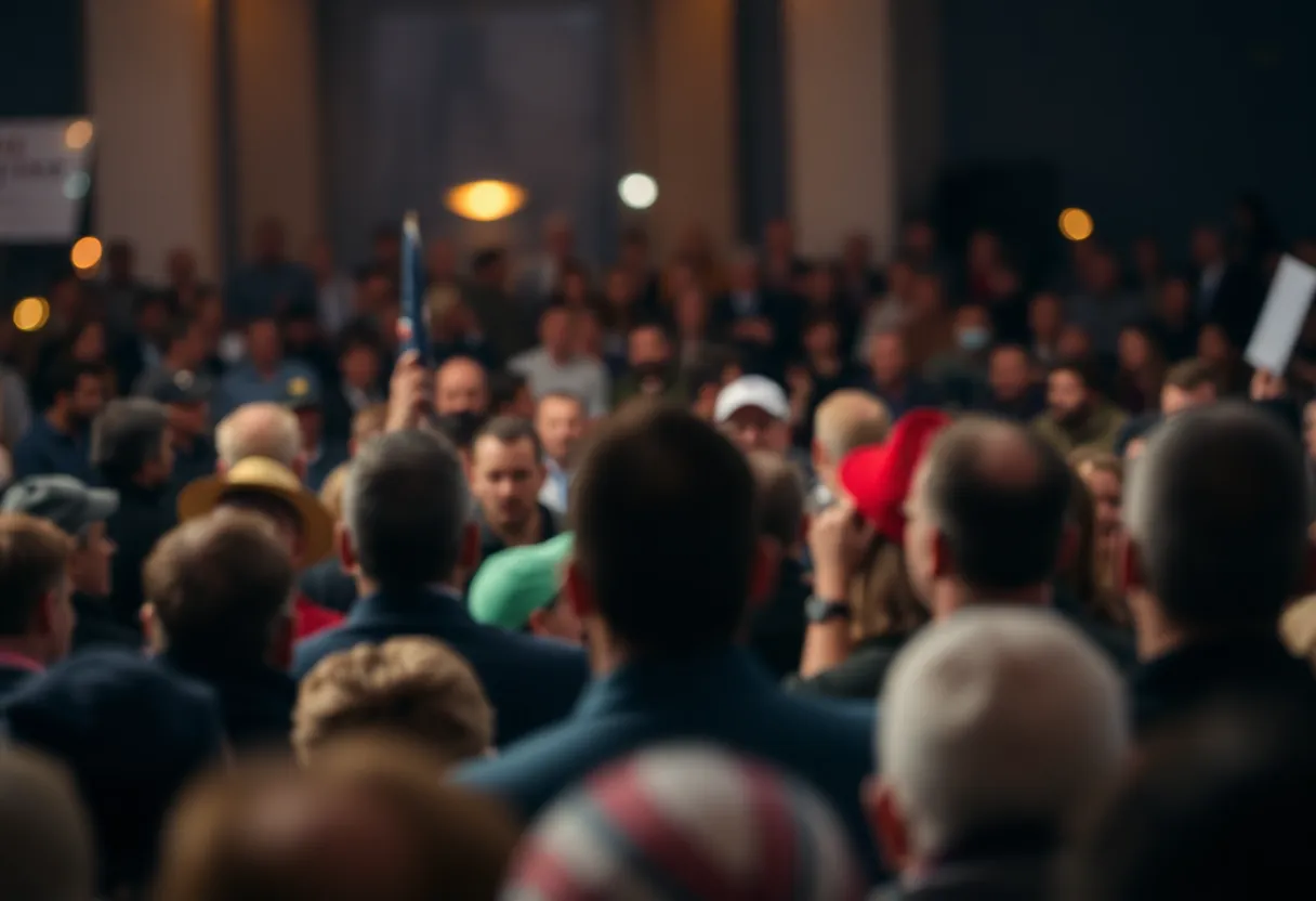 Crowd at a political public speaking event with tense atmosphere