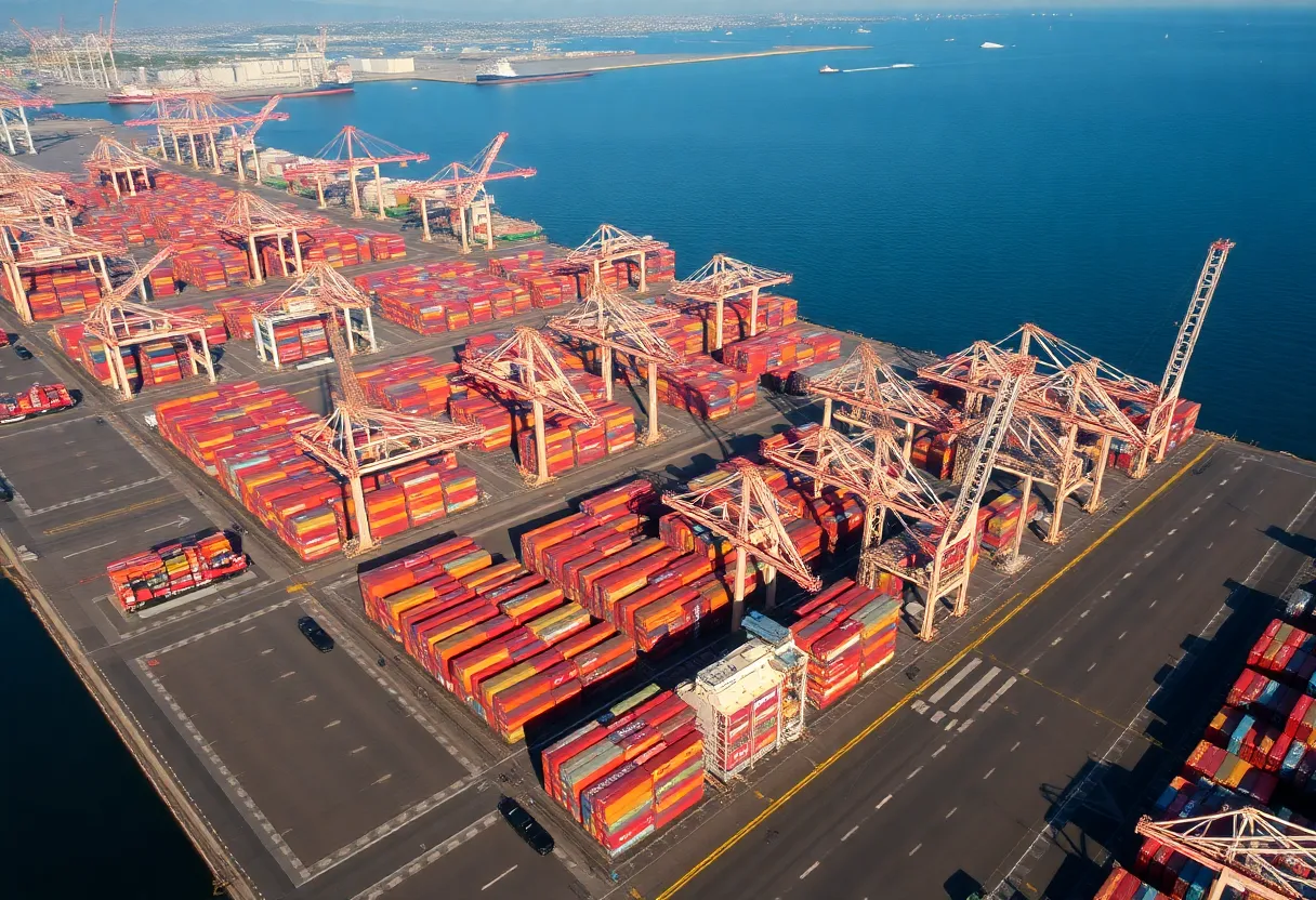 Aerial view of the Port of Los Angeles with shipping containers and cranes.