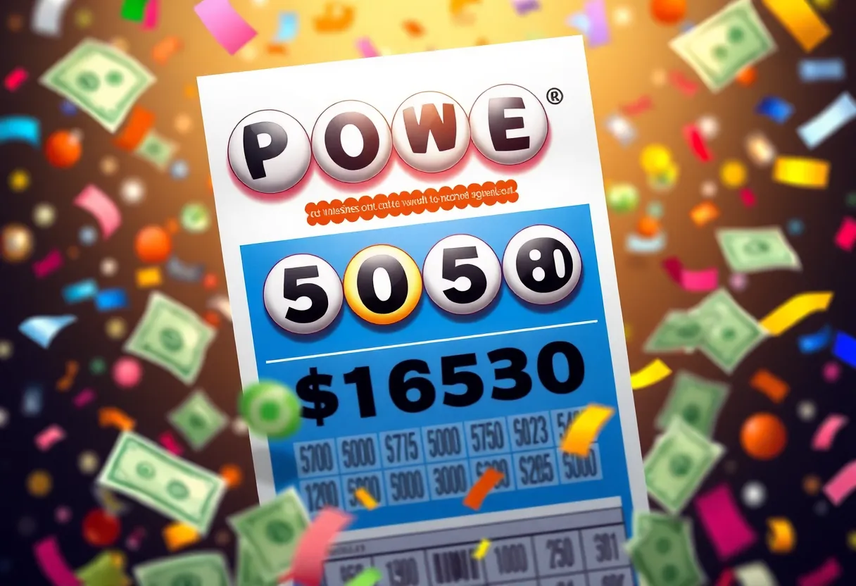 Powerball ticket depicting $1.3 billion jackpot with confetti