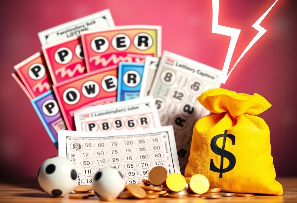 A display of Powerball lottery tickets with a money bag