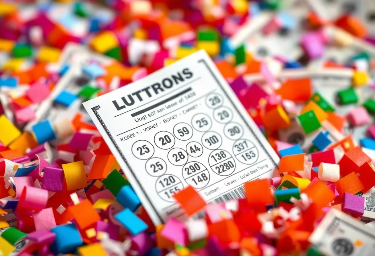 Lottery ticket and confetti representing Powerball excitement