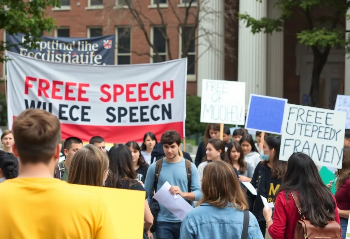 Students protesting on California State University campus about antisemitism and free speech issues.