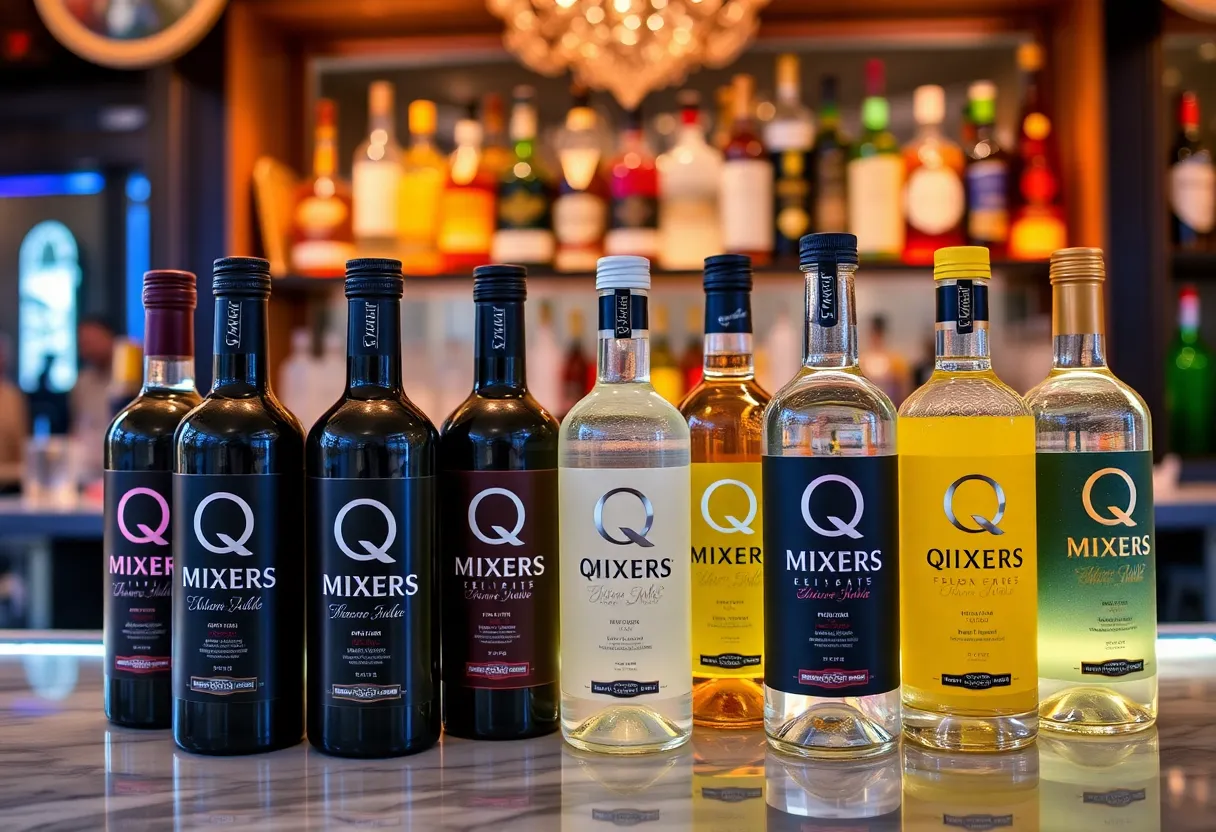 Display of Q MIXERS premium mixers in a bar setting