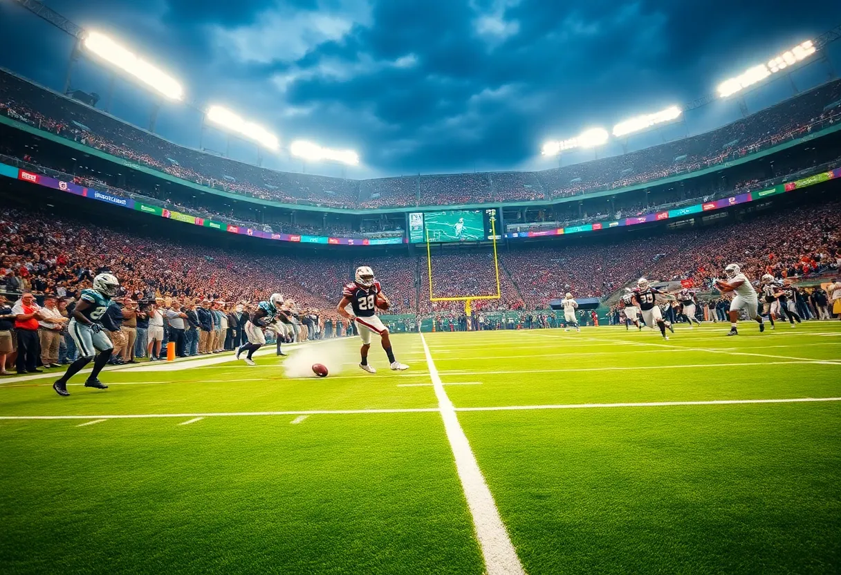 Action snapshot from Rams vs Texans NFL season opener at SoFi Stadium.