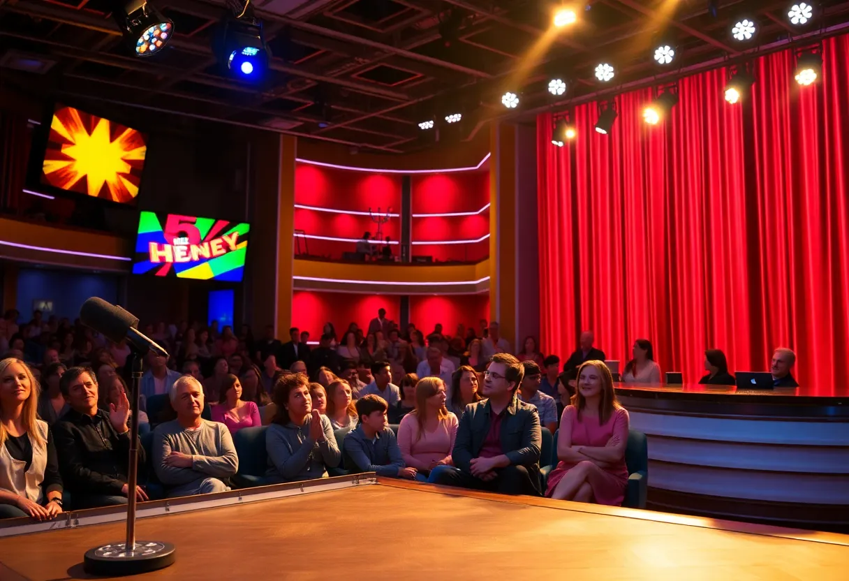Illustration of a vibrant late-night television show set