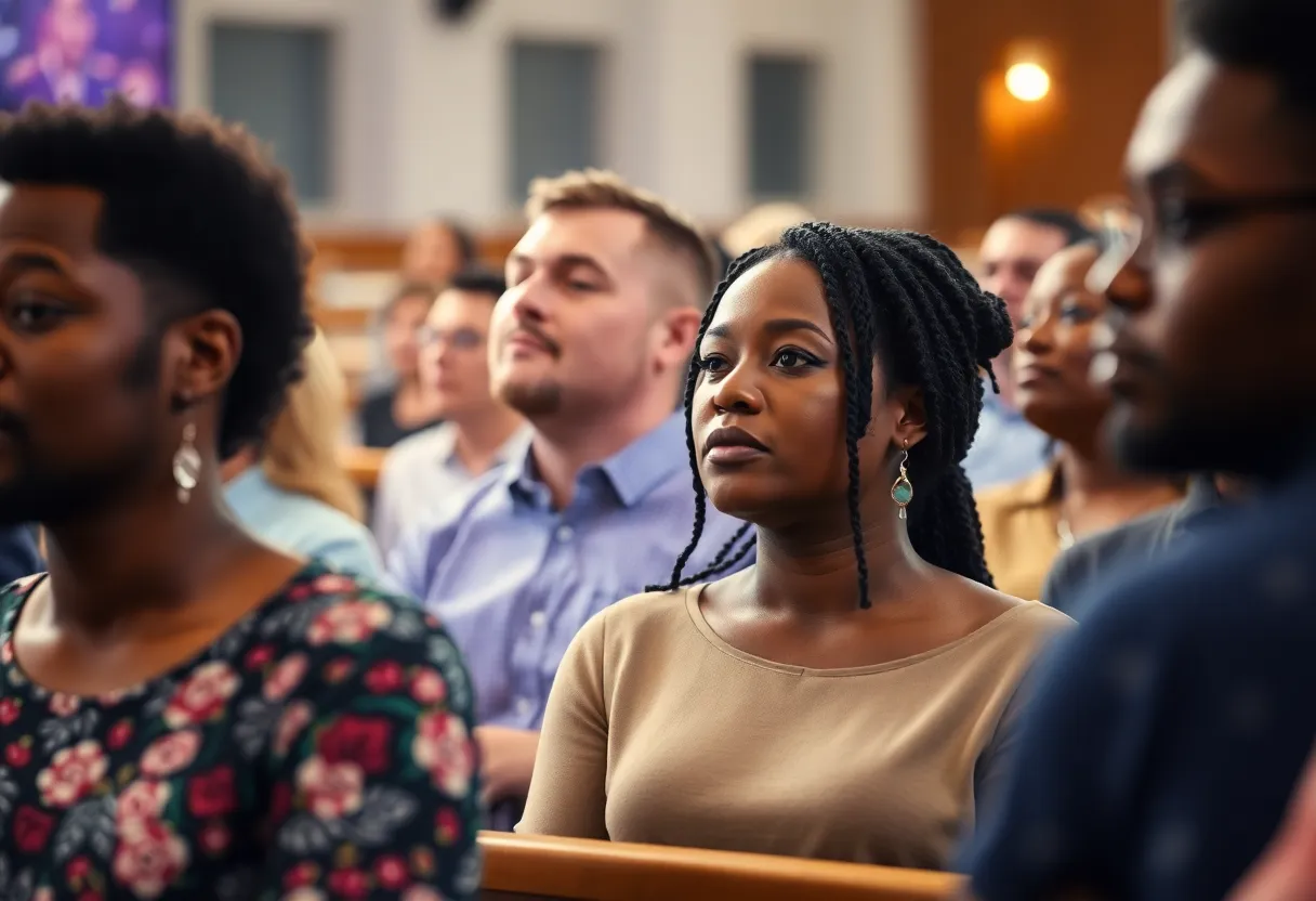 A diverse church congregation engaged in a sermon reflection.