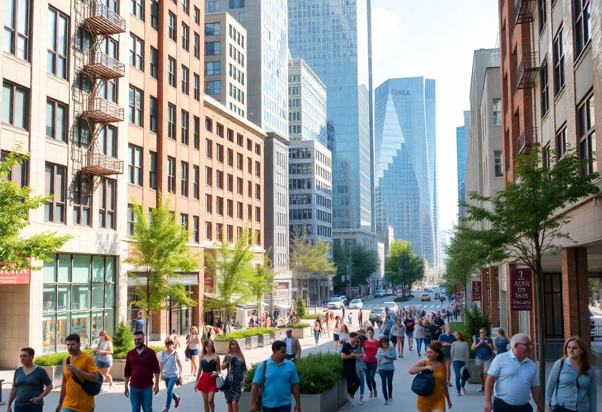 Revitalized downtown area featuring businesses, pedestrians, and green spaces.