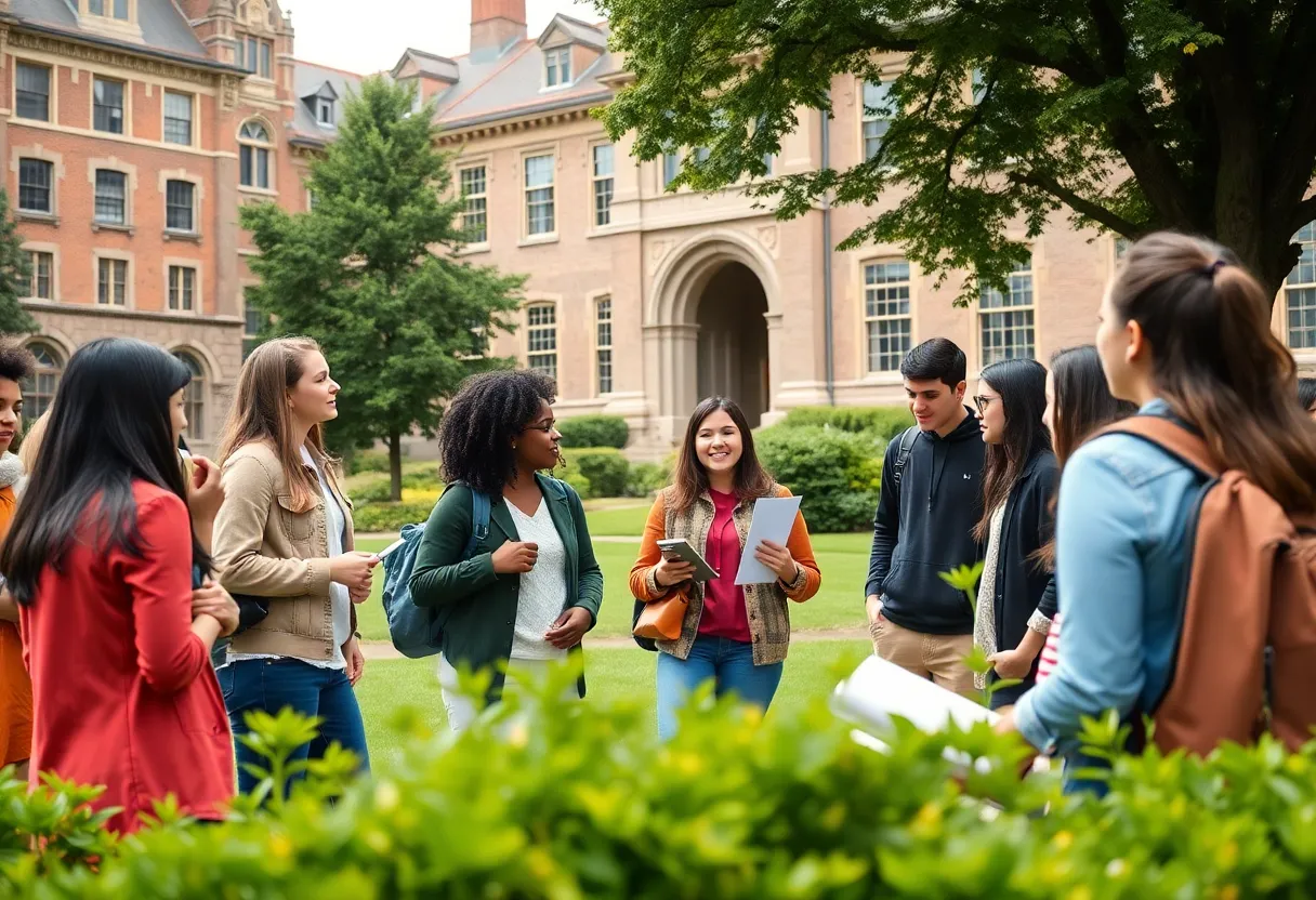 Students discussing financial aid options on a college campus