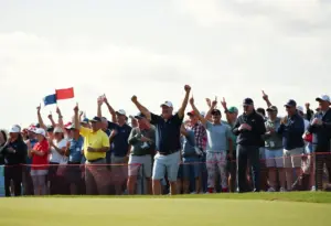 Crowd at a golf tournament with diverse fan reactions