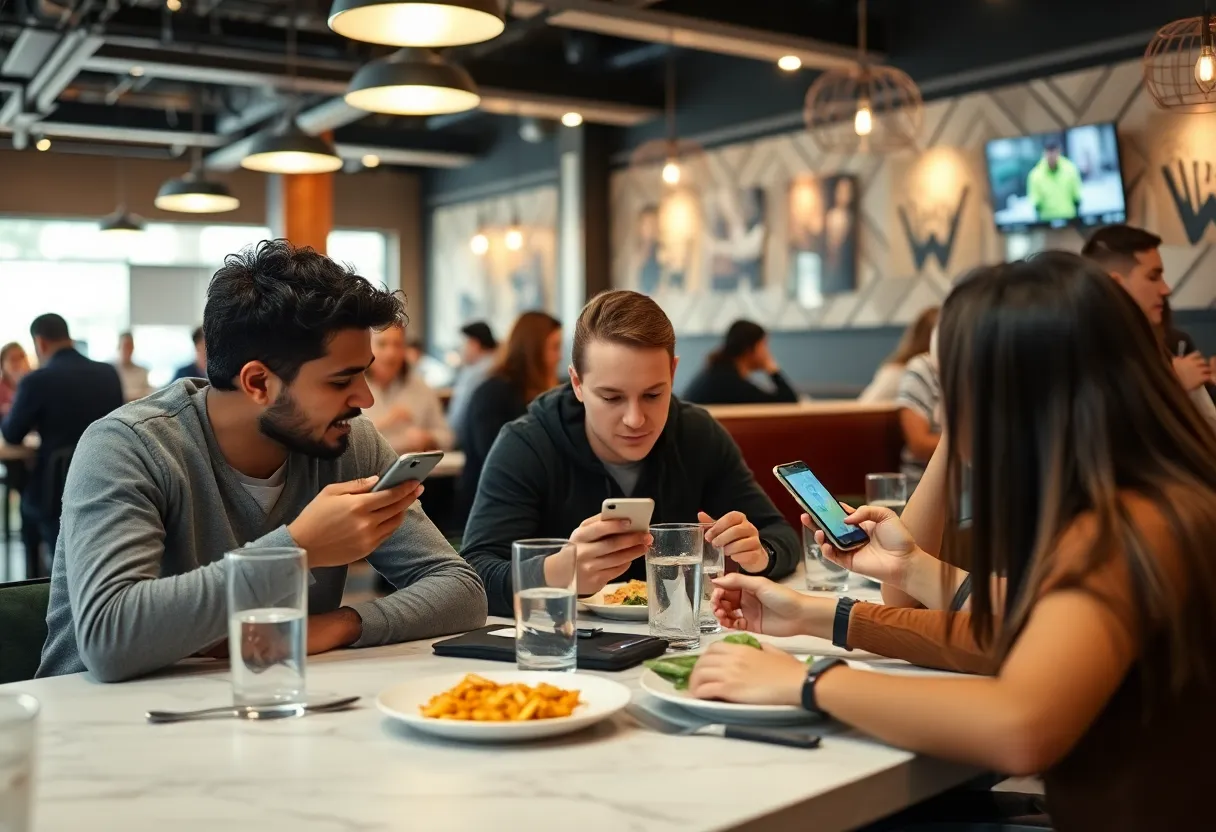 Young customers using smartphones for cryptocurrency payments at a Sacramento restaurant