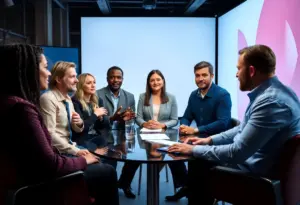 Diverse professionals in the entertainment industry in a meeting setting.