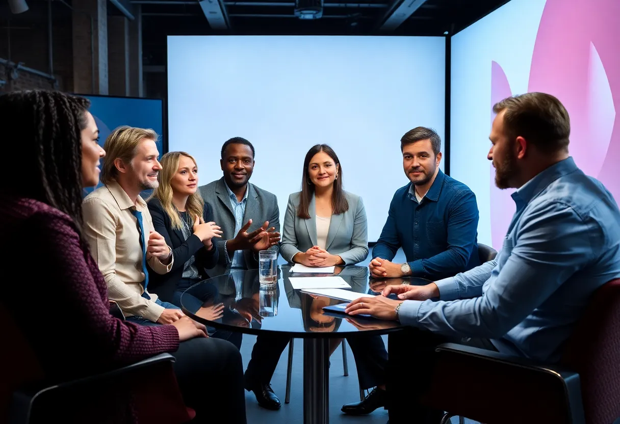 Diverse professionals in the entertainment industry in a meeting setting.
