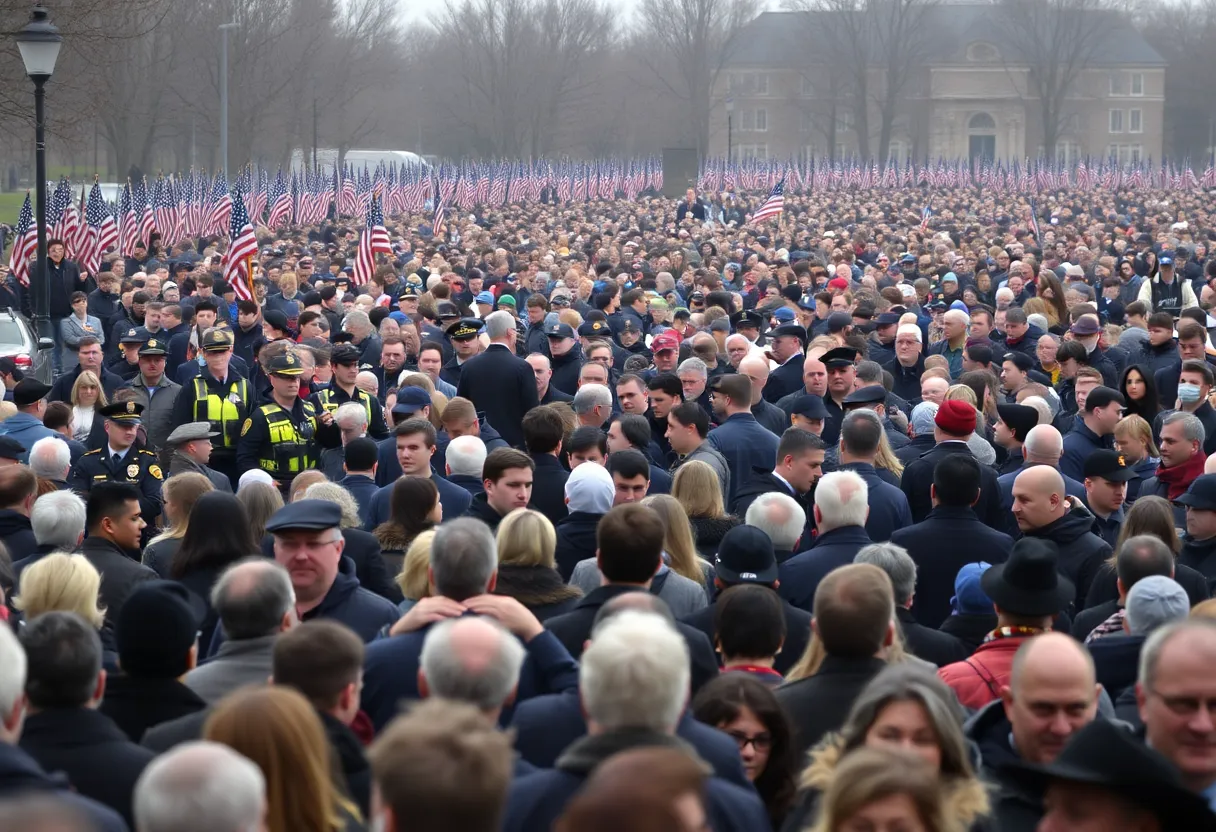 Crowd at a memorial service with police presence for security