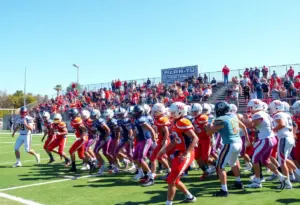 Players from Southern California high school football teams in action on the field.