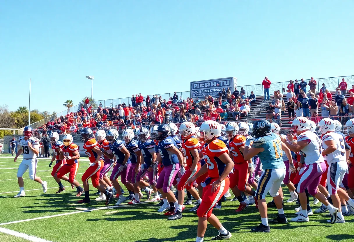 Players from Southern California high school football teams in action on the field.