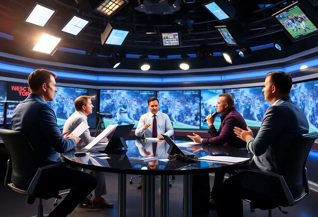 Journalists collaborating in a sports newsroom environment with lively discussions.