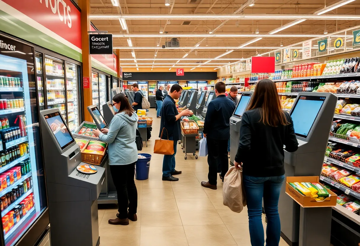 Self-checkout stations with staff supervision in a grocery store
