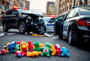 Stolen car crash scene showing colorful plush dolls on the street