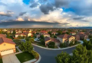 A view of a suburban neighborhood in California under a cloudy sky.