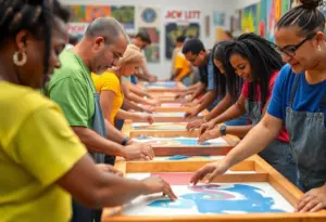 Participants engaged in a screen printing workshop at Superchief Gallery
