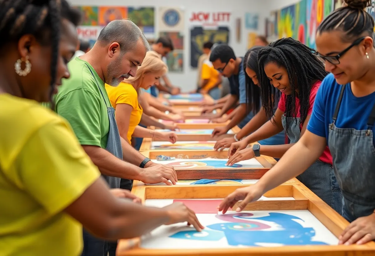 Participants engaged in a screen printing workshop at Superchief Gallery