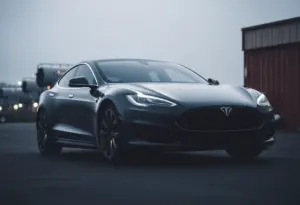 Tesla car at a tow yard with a somber atmosphere