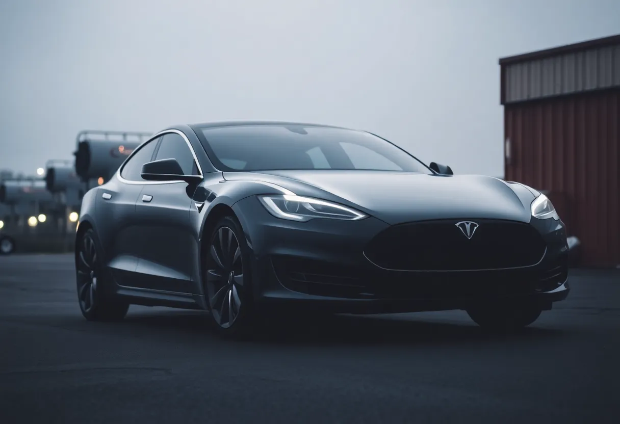 Tesla car at a tow yard with a somber atmosphere