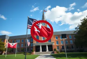 A university campus illustrating the conflict between academic freedom and political pressure.