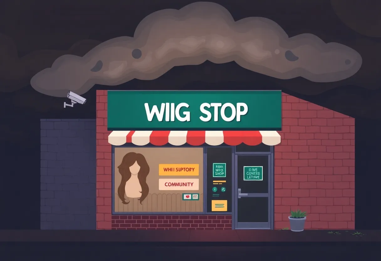 Storefront of a wig shop with surveillance security
