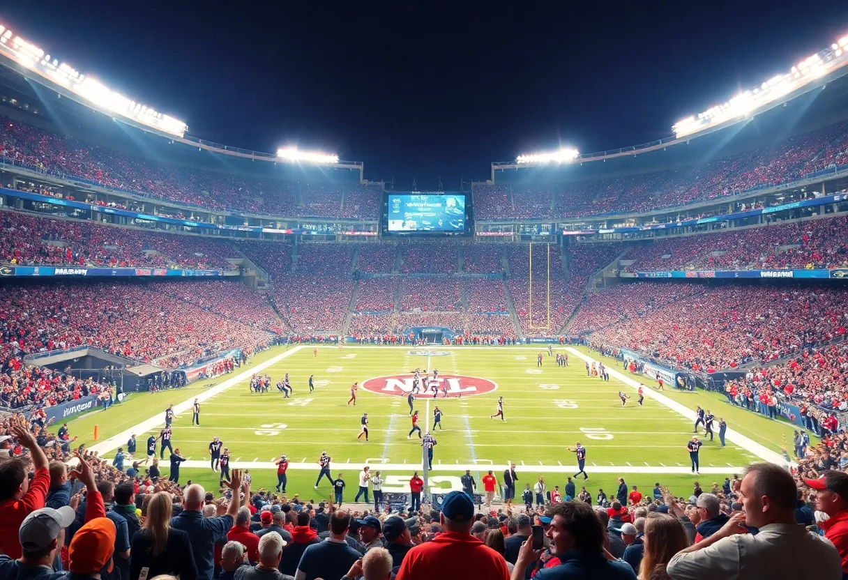 Football stadium during a game with fans cheering