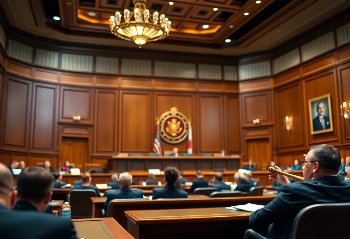 Illustration of a courtroom with legal documents and gavel, representing trademark law.