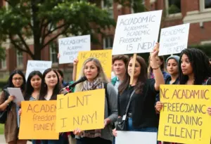 A group of university representatives at a press conference advocating for academic freedom.