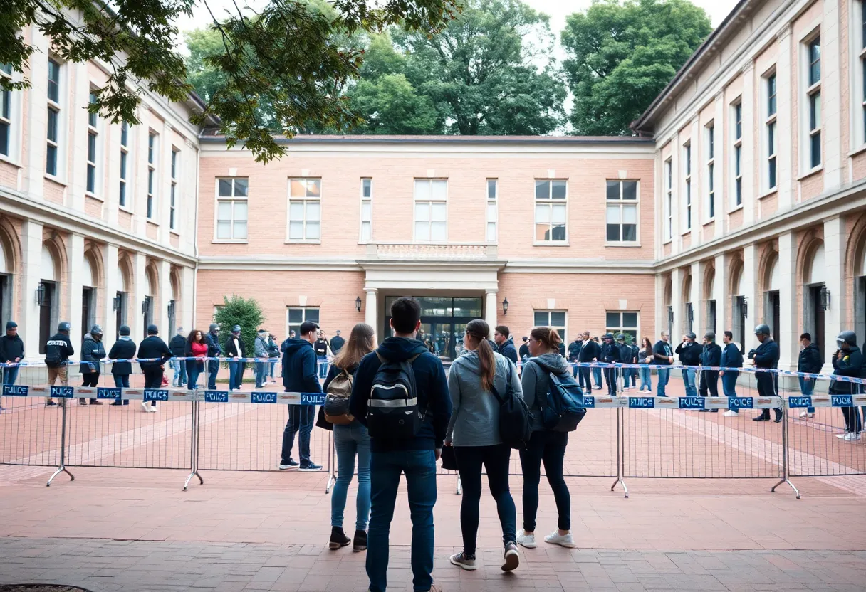 Tranquil university campus with police barricades