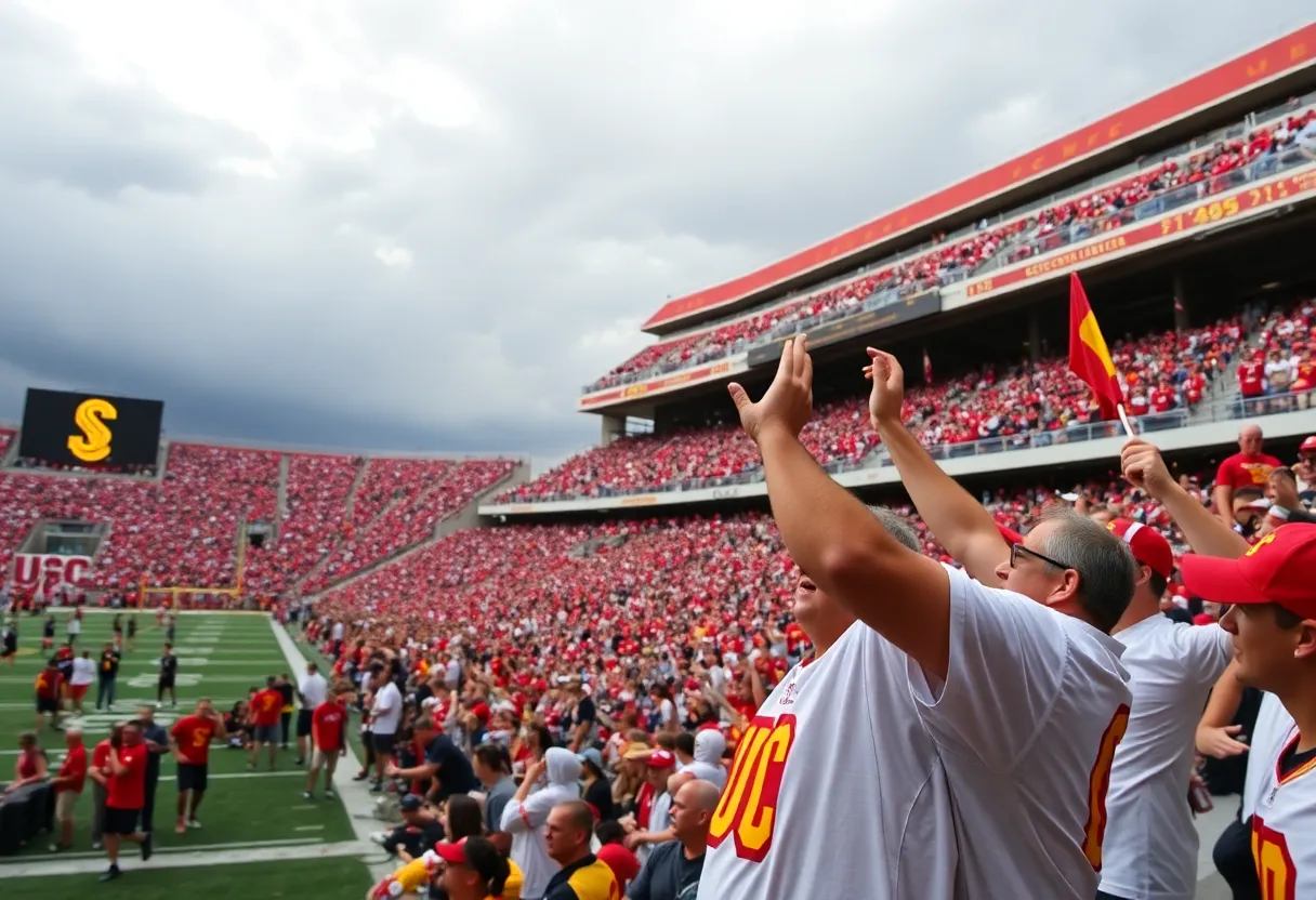 USC Trojans celebrating their victory against Purdue Boilermakers with fans in a packed stadium.
