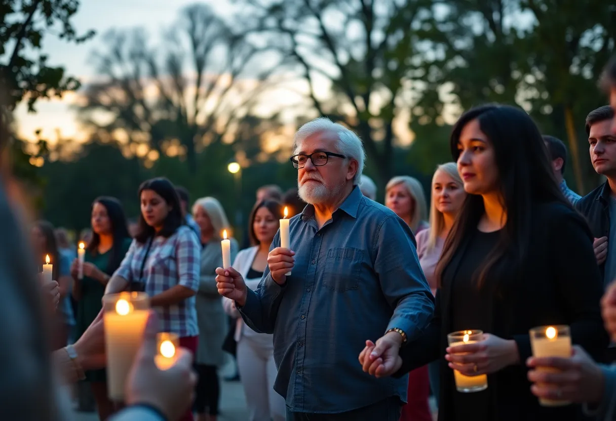 People gathered in a circle holding candles during a vigil for an activist.