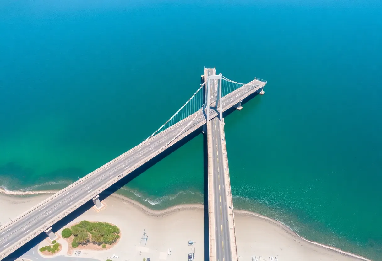 Vincent Thomas Bridge in Long Beach California with construction plans
