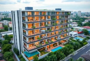 Exterior view of luxury apartments at Westside Pavilion in Los Angeles