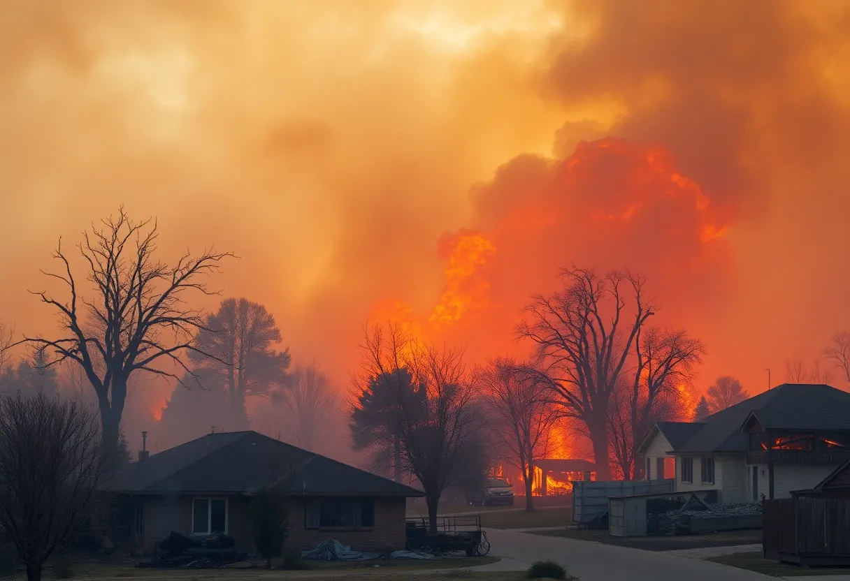 Aftermath of a wildfire in a suburban area with charred landscapes