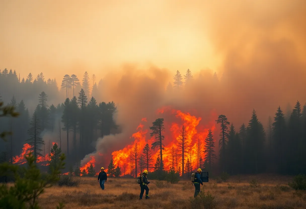 Wildfire burning in a forest with emergency responders.